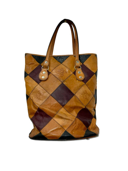 VTG 60S 70S TAN BROWN BLACK BURGUNDY PATCHWORK LEATHER GEOMETRIC SHOPPER BAG