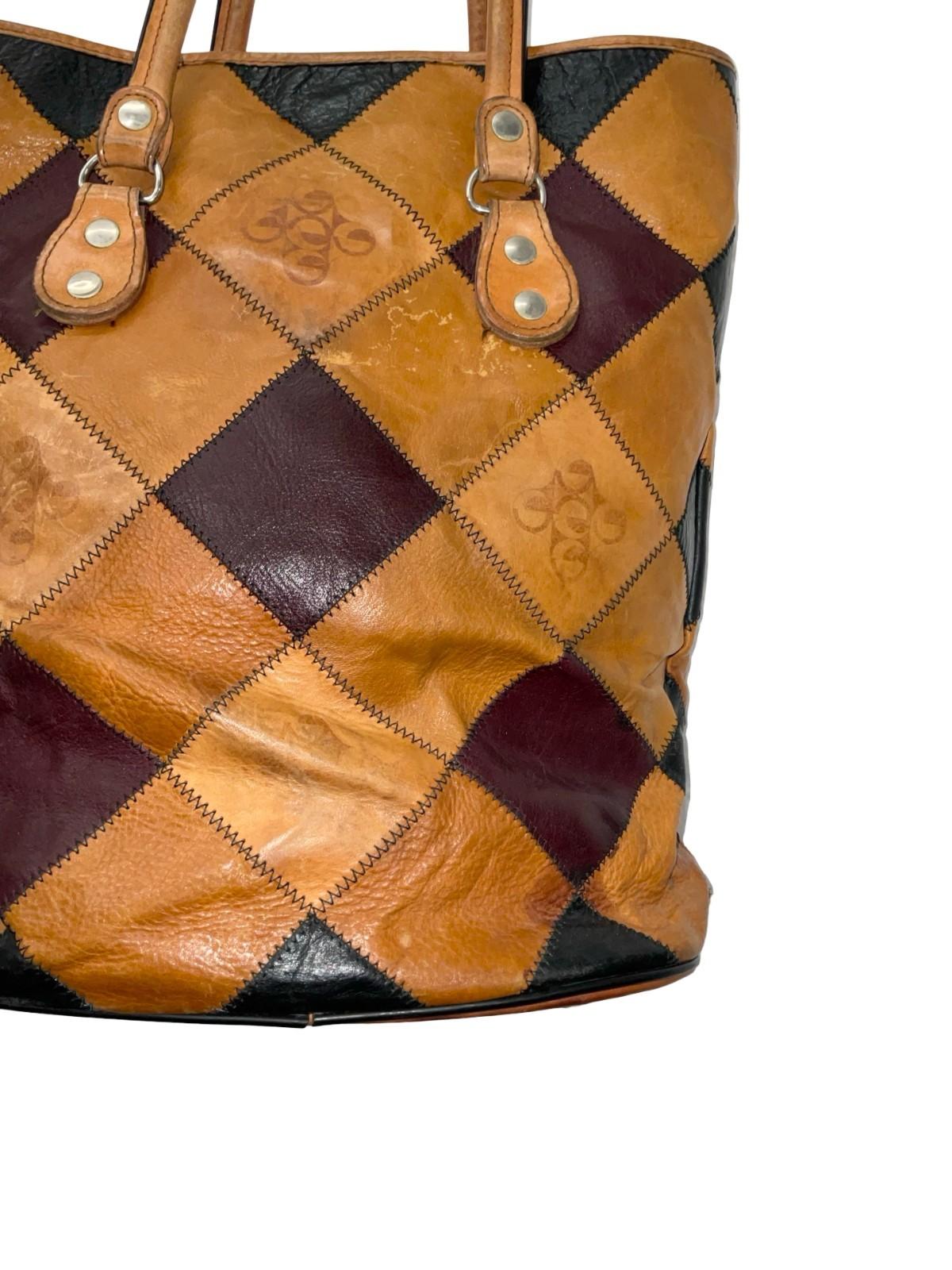 VTG 60S 70S TAN BROWN BLACK BURGUNDY PATCHWORK LEATHER GEOMETRIC SHOPPER BAG