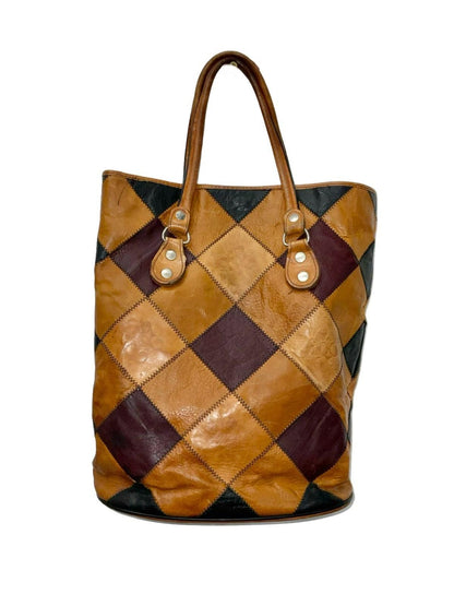 VTG 60S 70S TAN BROWN BLACK BURGUNDY PATCHWORK LEATHER GEOMETRIC SHOPPER BAG