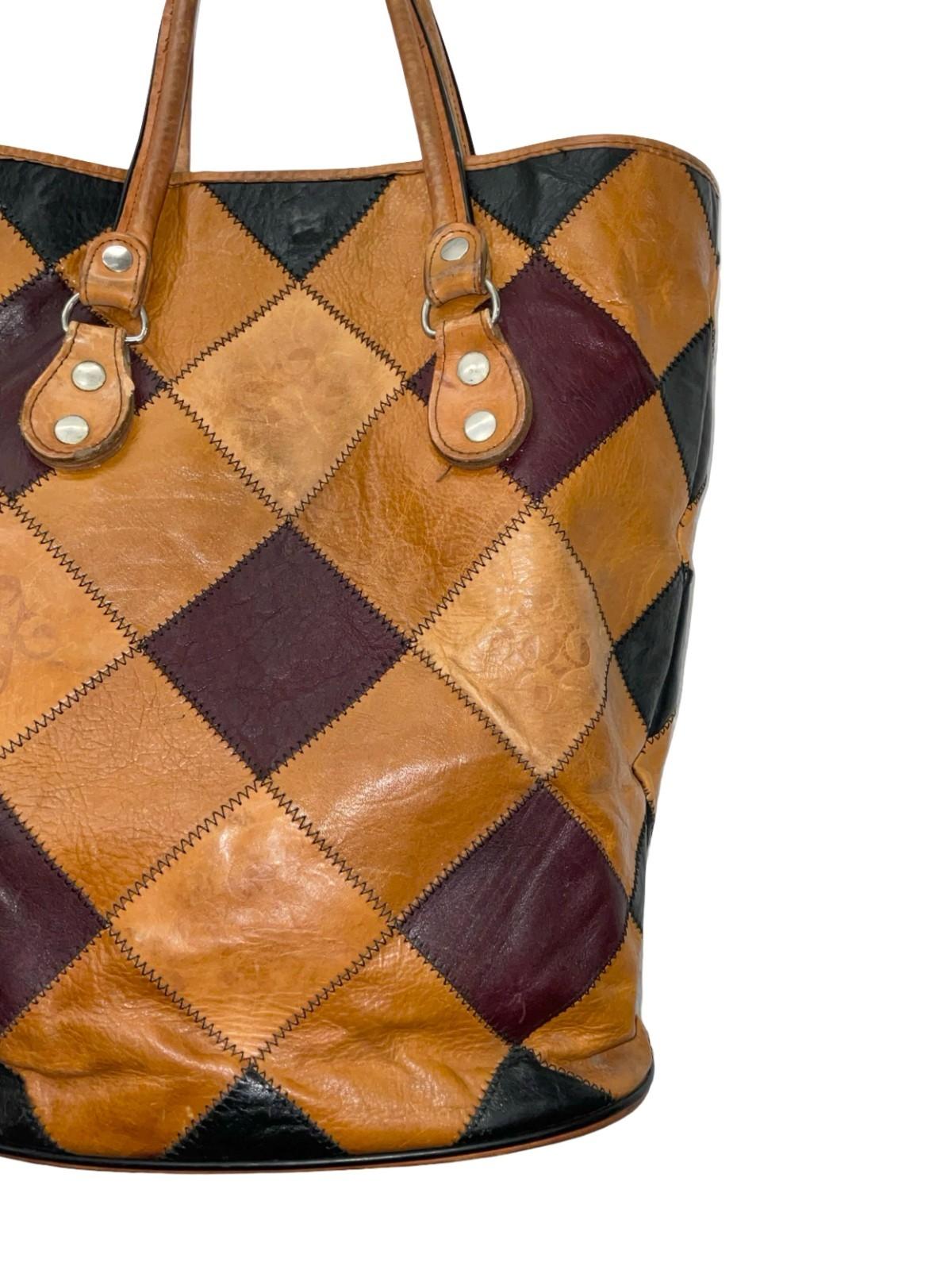 VTG 60S 70S TAN BROWN BLACK BURGUNDY PATCHWORK LEATHER GEOMETRIC SHOPPER BAG