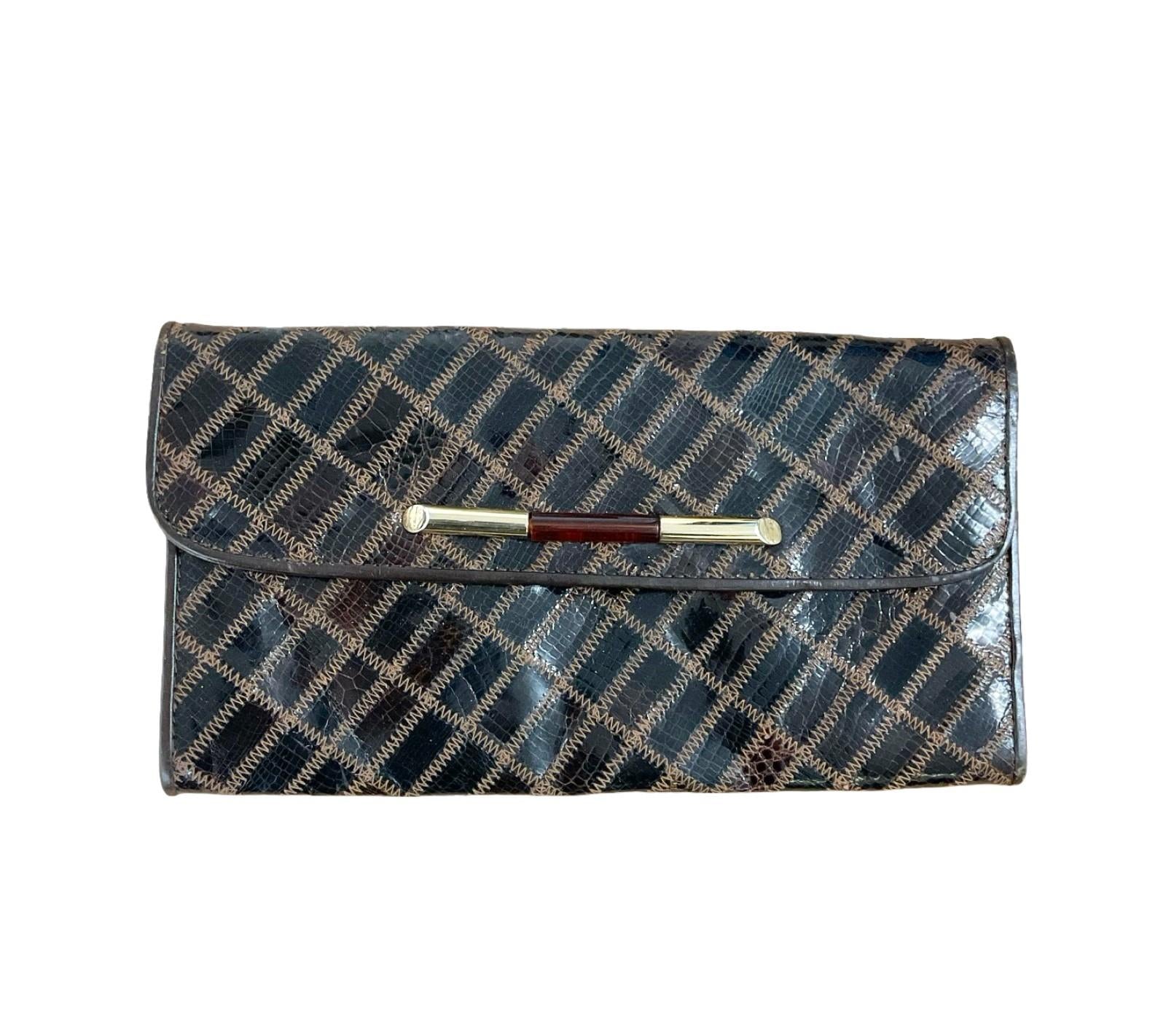 Vintage 60s 70s patchwork PVC crocodile skin embossed party clutch.