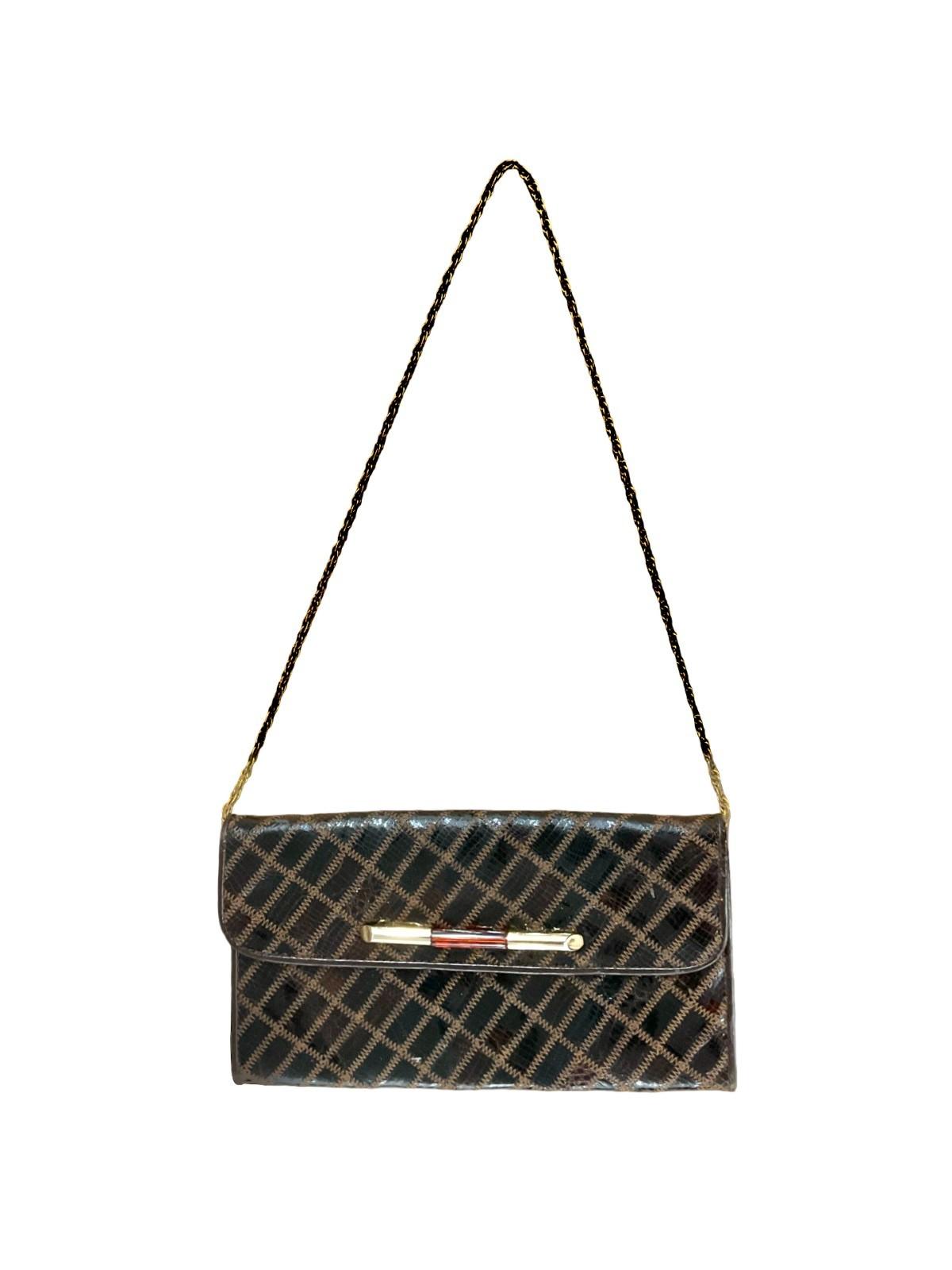 VTG 60S 70S BROWN PVC PATCHWORK GOLD CHAIN CROCODILE PARTY HANDBAG CLUTCH
