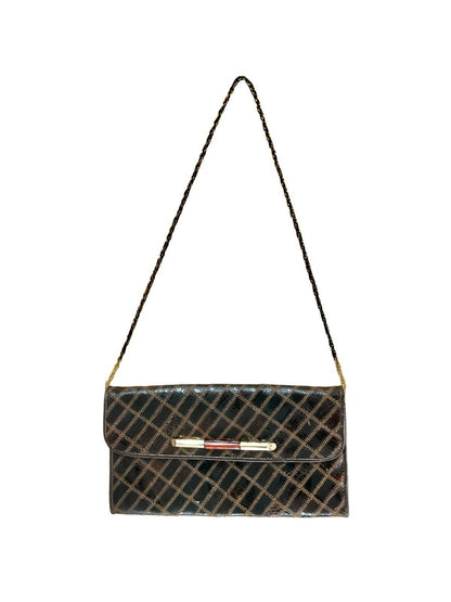 VTG 60S 70S BROWN PVC PATCHWORK GOLD CHAIN CROCODILE PARTY HANDBAG CLUTCH