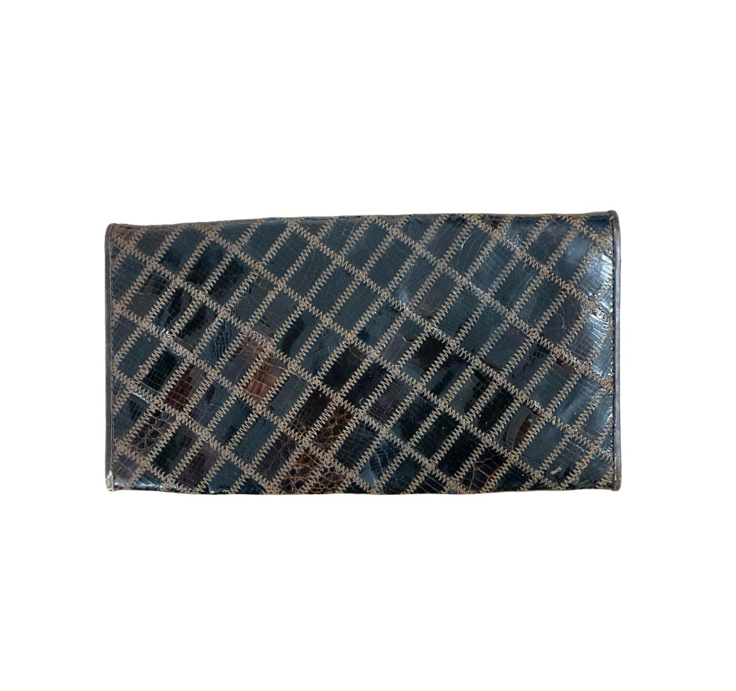 VTG 60S 70S BROWN PVC PATCHWORK GOLD CHAIN CROCODILE PARTY HANDBAG CLUTCH