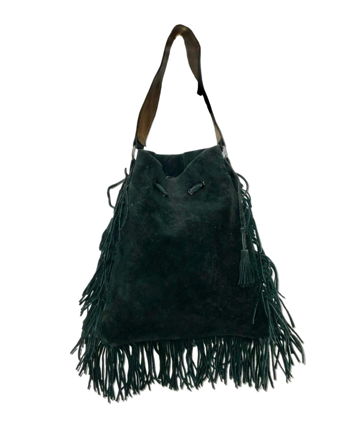 Vintage 60s 70s black suede hippy boho fringed drawstring handbag
