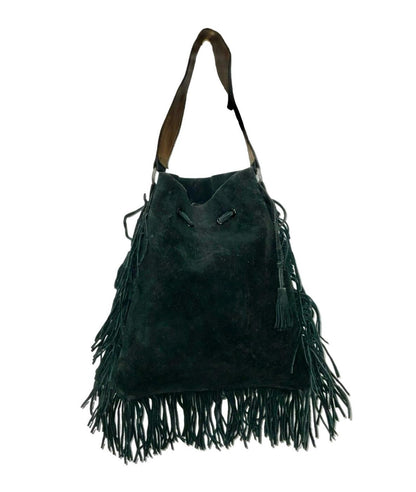 Vintage 60s 70s black suede hippy boho fringed drawstring handbag