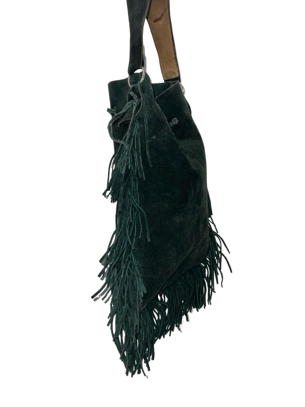 VTG 60S 70S BOHO BLACK SUEDE FRINGE HIPPY GEOMETRIC DRAWSTRING BAG