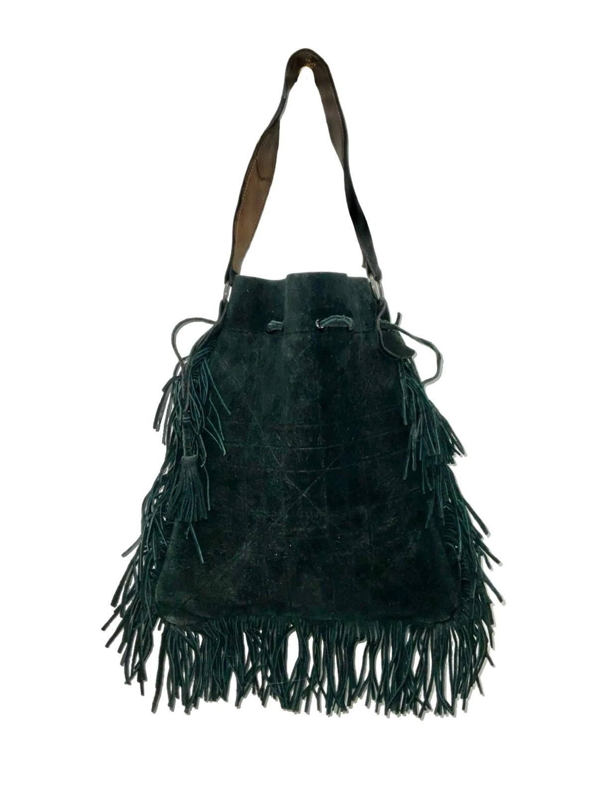 VTG 60S 70S BOHO BLACK SUEDE FRINGE HIPPY GEOMETRIC DRAWSTRING BAG
