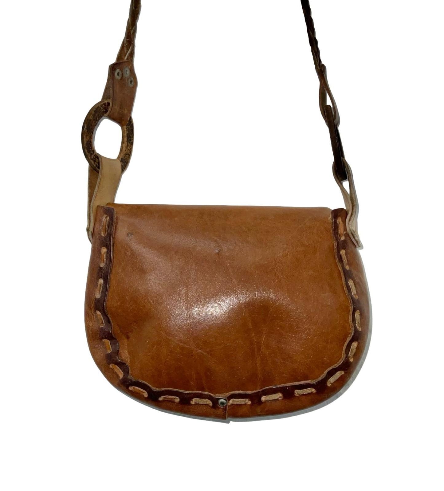 VTG 60S 70S BROWN LEATHER HIPPY BOHO WOVEN GEOMETRIC STAMPED PLAIT SHOULDER BAG