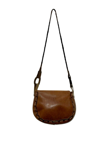 VTG 60S 70S BROWN LEATHER HIPPY BOHO WOVEN GEOMETRIC STAMPED PLAIT SHOULDER BAG