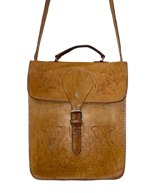 Vintage 60s 70s tan leather psychedelic stamped buckled satchel shoulder bag. 