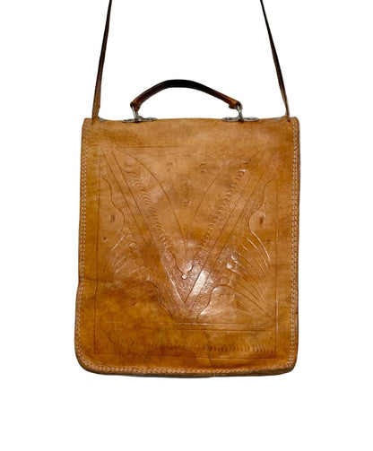 VTG 60S 70S TAN BROWN LEATHER PSYCHEDELIC STAMPED SILVER BUCKLE SATCHEL BAG