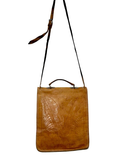 VTG 60S 70S TAN BROWN LEATHER PSYCHEDELIC STAMPED SILVER BUCKLE SATCHEL BAG