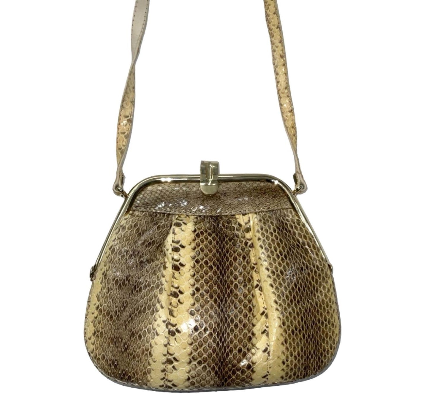 VTG 60S 70S CREAM BROWN SNAKESKIN LEATHER GOLD EVENING PARTY SHOULDER BAG