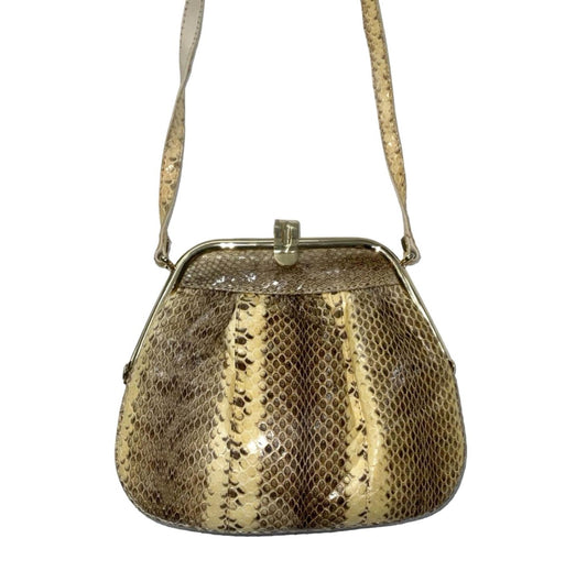 VTG 60S 70S CREAM BROWN SNAKESKIN LEATHER GOLD EVENING PARTY SHOULDER BAG