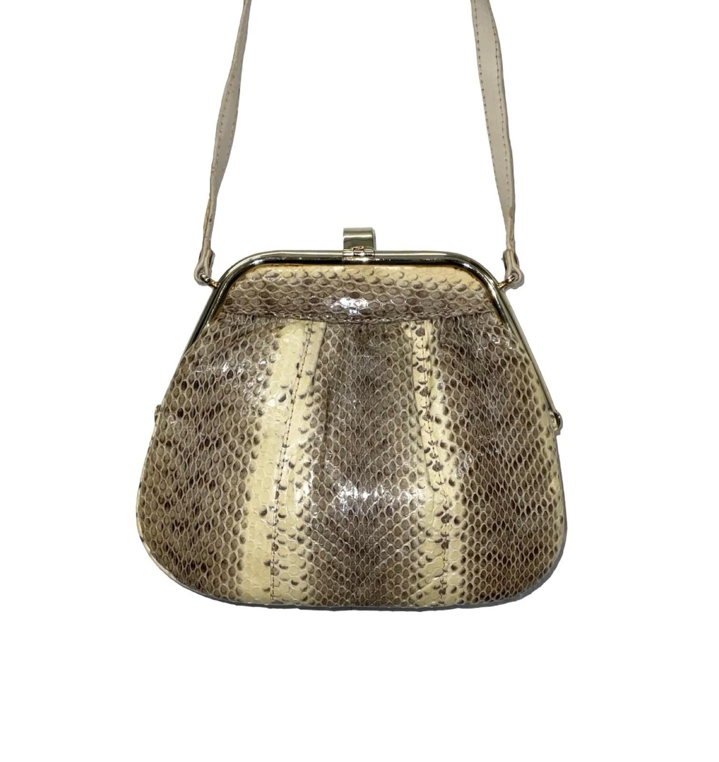 VTG 60S 70S CREAM BROWN SNAKESKIN LEATHER GOLD EVENING PARTY SHOULDER BAG