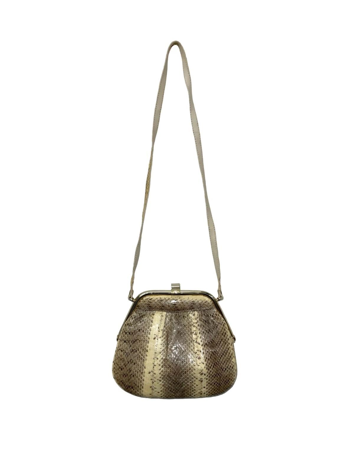 VTG 60S 70S CREAM BROWN SNAKESKIN LEATHER GOLD EVENING PARTY SHOULDER BAG