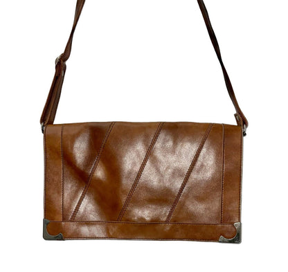 VTG 60S 70S TAN BROWN LEATHER SILVER MOD GEOMETRIC CROSS BODY BAG