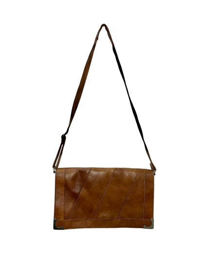 VTG 60S 70S TAN BROWN LEATHER SILVER MOD GEOMETRIC CROSS BODY BAG
