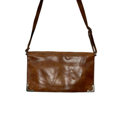 VTG 60S 70S TAN BROWN LEATHER SILVER MOD GEOMETRIC CROSS BODY BAG