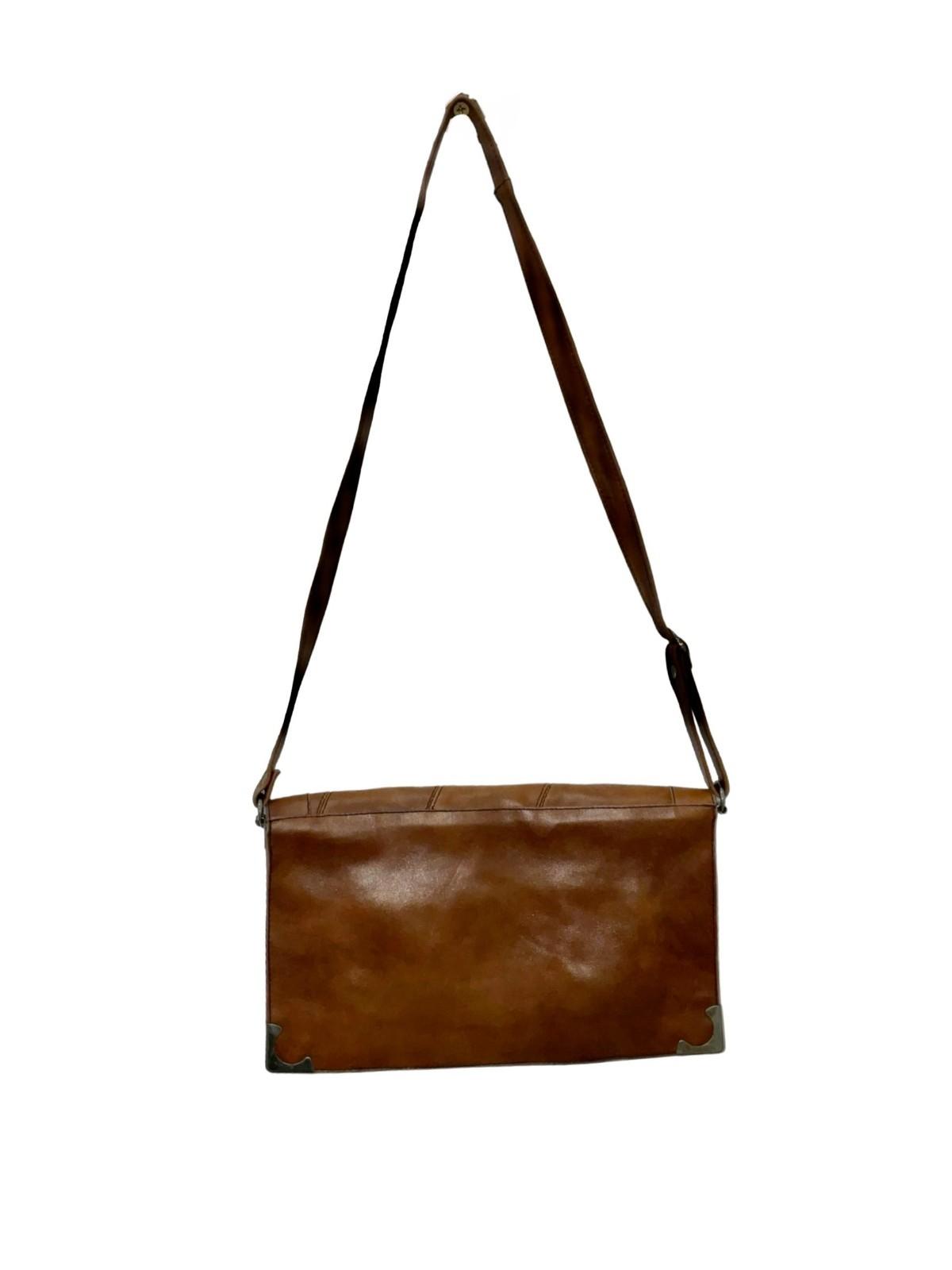 VTG 60S 70S TAN BROWN LEATHER SILVER MOD GEOMETRIC CROSS BODY BAG