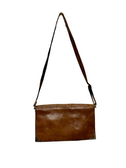 VTG 60S 70S TAN BROWN LEATHER SILVER MOD GEOMETRIC CROSS BODY BAG