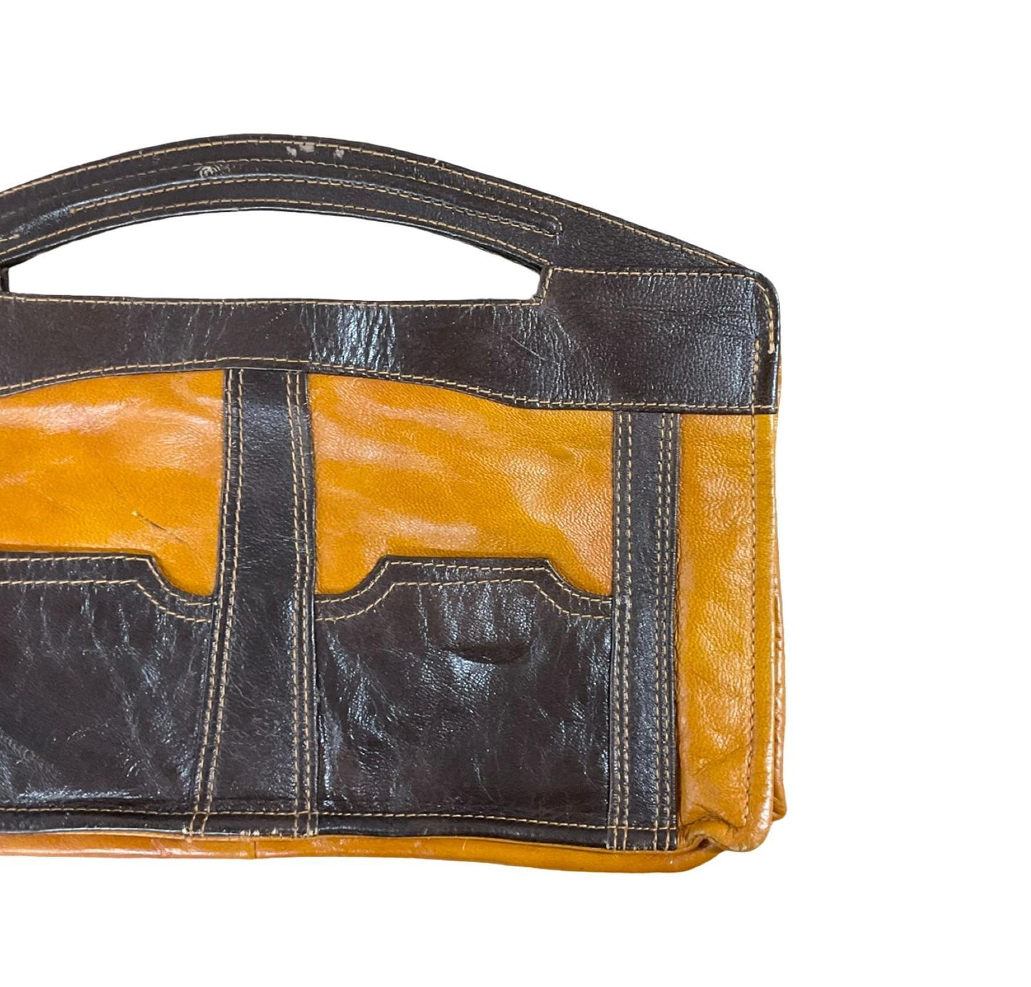 VTG 60S 70S BROWN ORANGE LEATHER MOD GEOMETRIC TWO TONE HANDBAG CLUTCH BAG