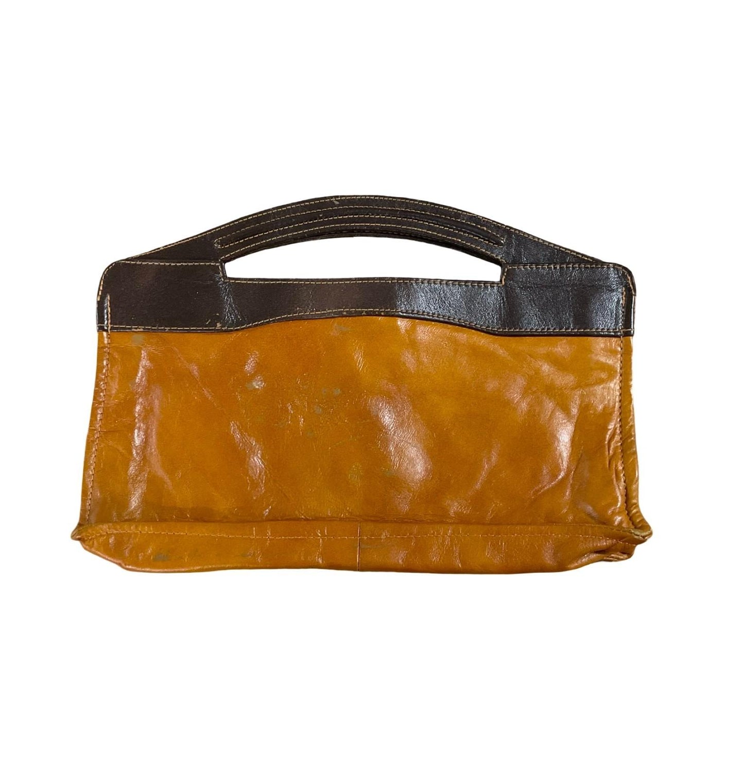 VTG 60S 70S BROWN ORANGE LEATHER MOD GEOMETRIC TWO TONE HANDBAG CLUTCH BAG