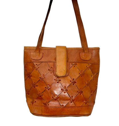 VTG 60S 70S GEOMETRIC PATCHWORK DIAMOND BROWN LEATHER SHOULDER BAG