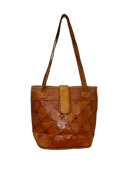 VTG 60S 70S GEOMETRIC PATCHWORK DIAMOND BROWN LEATHER SHOULDER BAG