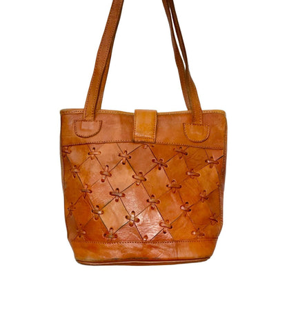 VTG 60S 70S GEOMETRIC PATCHWORK DIAMOND BROWN LEATHER SHOULDER BAG