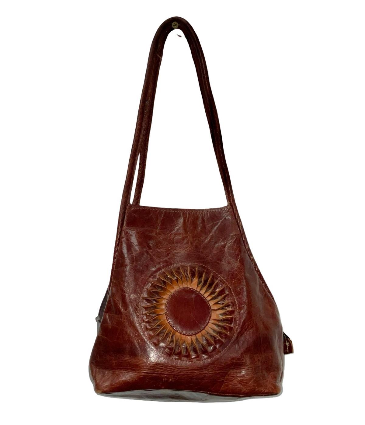 VTG REDISH BROWN LEATHER BOHO WOVEN SUN SHOULDER BAG