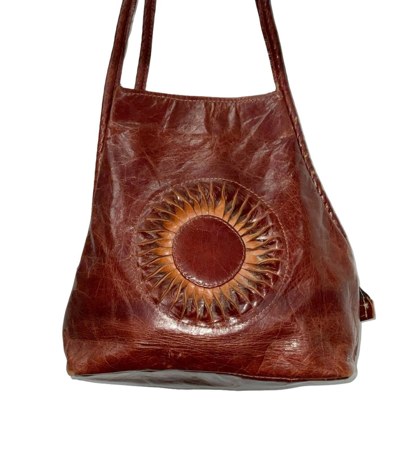 VTG REDISH BROWN LEATHER BOHO WOVEN SUN SHOULDER BAG