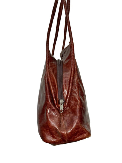 VTG REDISH BROWN LEATHER BOHO WOVEN SUN SHOULDER BAG