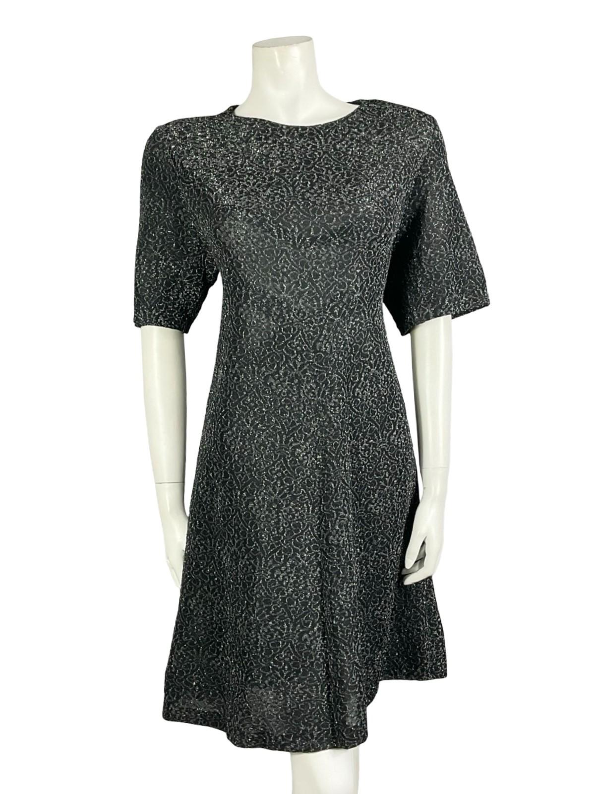 VTG 60S 70S BLACK SILVER WAVY MOD LUREX GLITTERY PARTY SHIFT MINI DRESS 10
