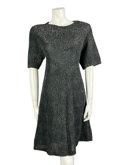 VTG 60S 70S BLACK SILVER WAVY MOD LUREX GLITTERY PARTY SHIFT MINI DRESS 10