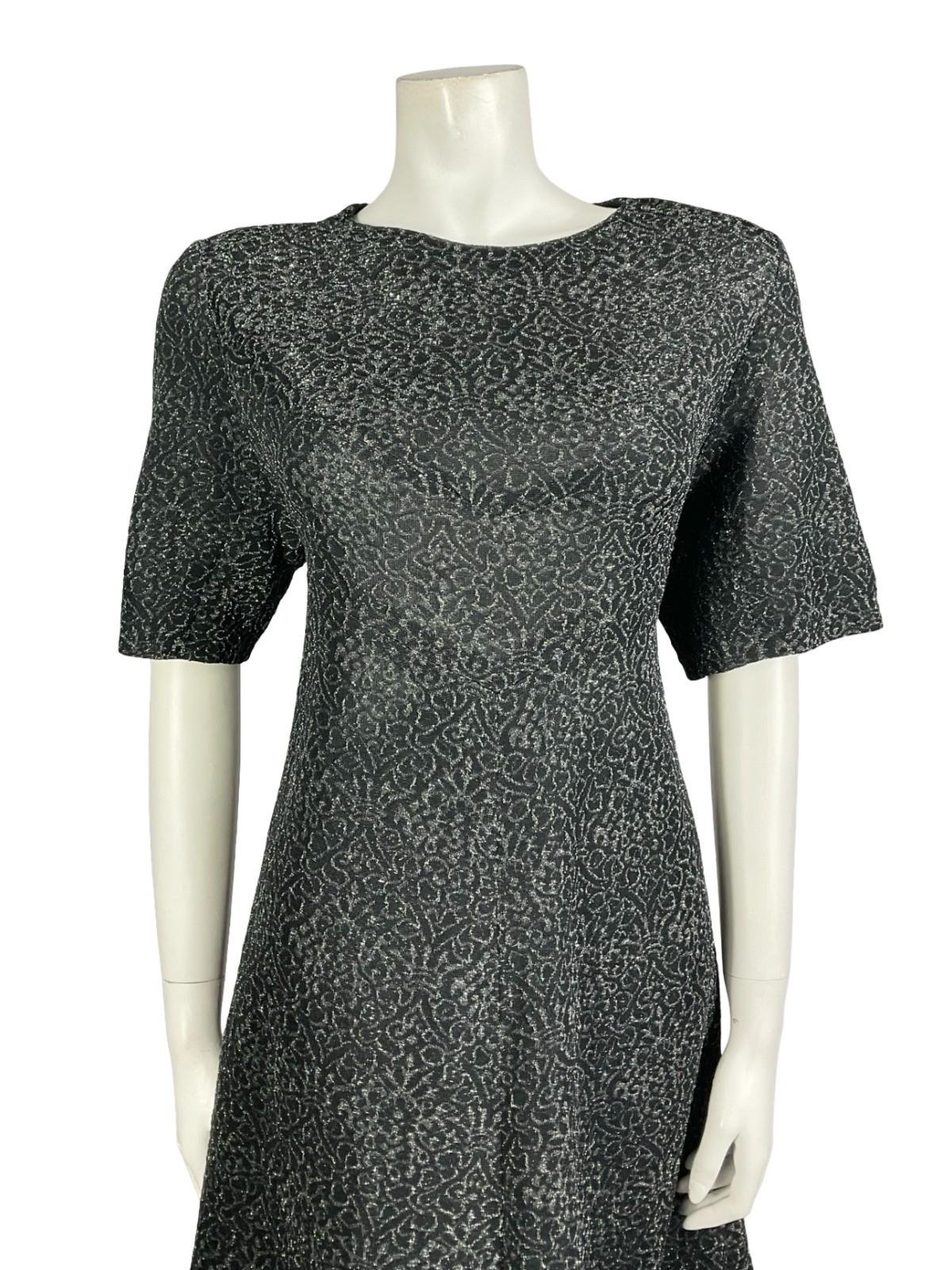 VTG 60S 70S BLACK SILVER WAVY MOD LUREX GLITTERY PARTY SHIFT MINI DRESS 10