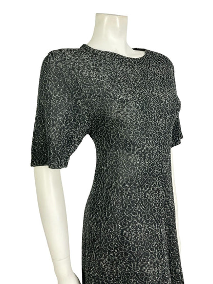 VTG 60S 70S BLACK SILVER WAVY MOD LUREX GLITTERY PARTY SHIFT MINI DRESS 10