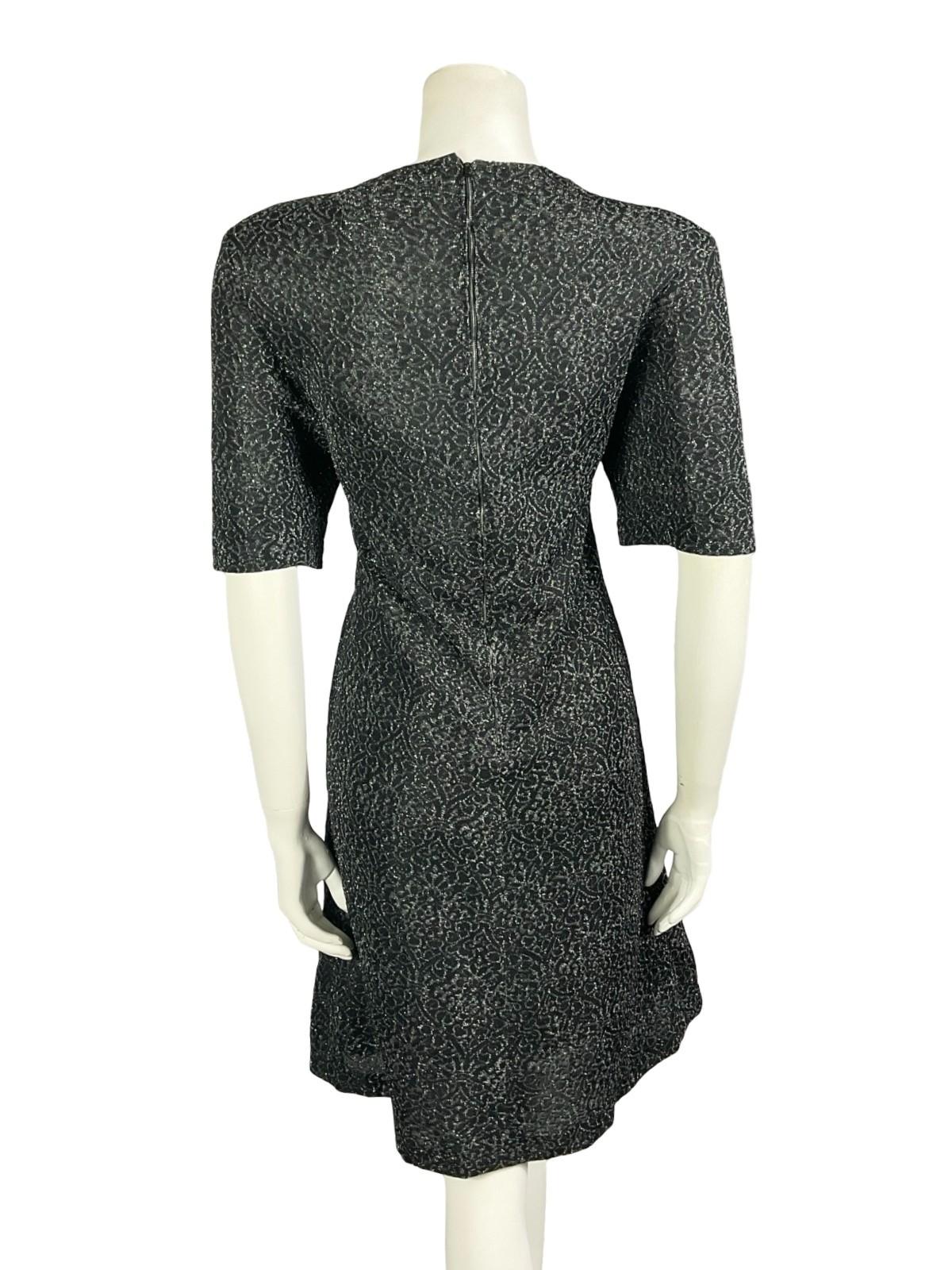 VTG 60S 70S BLACK SILVER WAVY MOD LUREX GLITTERY PARTY SHIFT MINI DRESS 10
