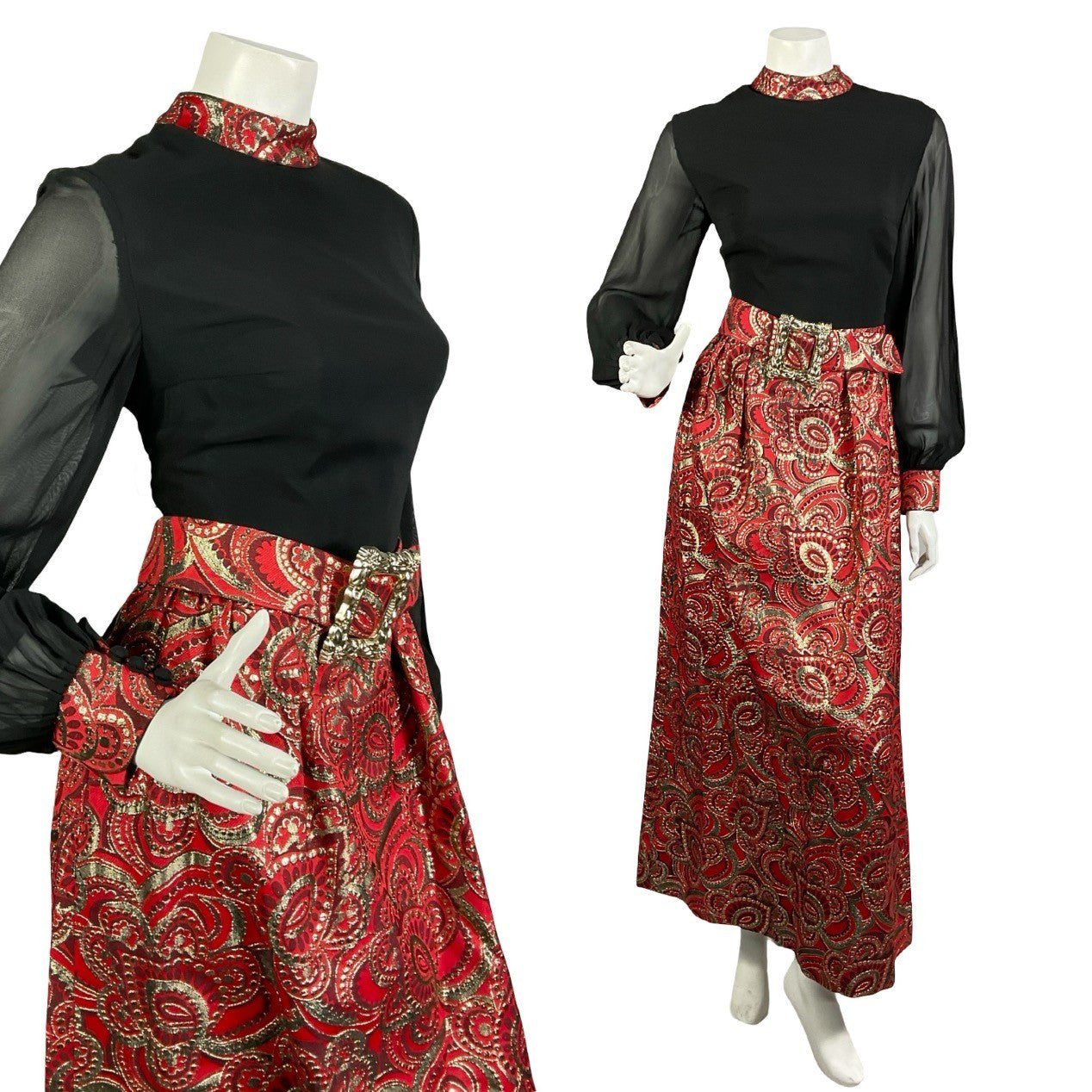 VTG 60S 70S BLACK RED GOLD PSYCHEDELIC MESH SLEEVE LUREX BUCKLE MAXI DRESS 8 10