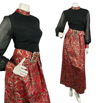VTG 60S 70S BLACK RED GOLD PSYCHEDELIC MESH SLEEVE LUREX BUCKLE MAXI DRESS 8 10