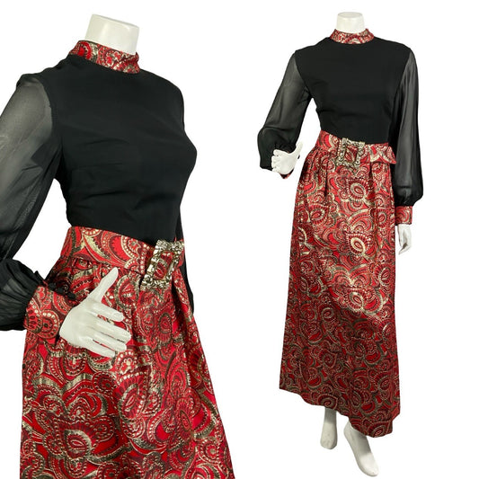 VTG 60S 70S BLACK RED GOLD PSYCHEDELIC MESH SLEEVE LUREX BUCKLE MAXI DRESS 8 10
