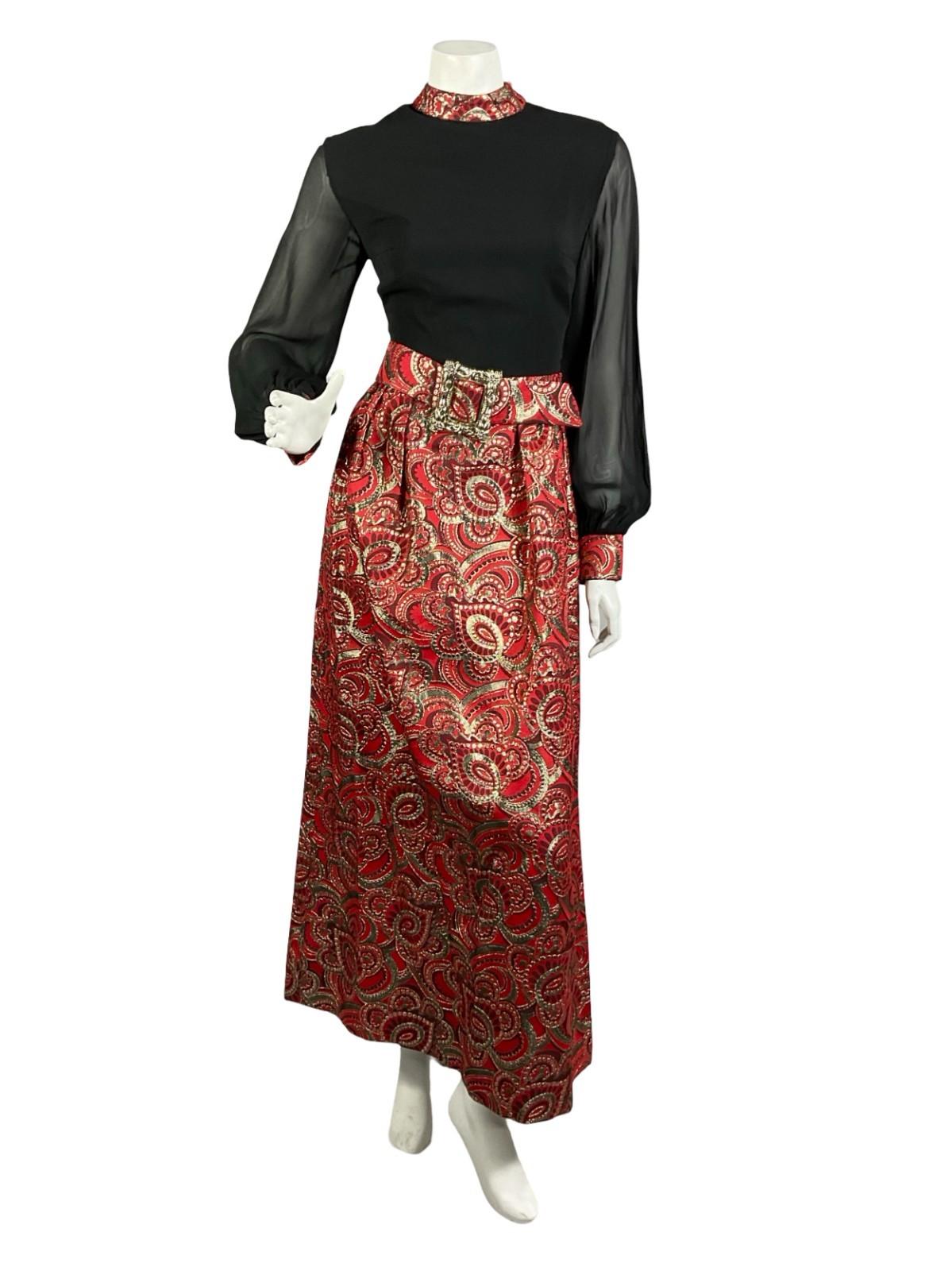 VTG 60S 70S BLACK RED GOLD PSYCHEDELIC MESH SLEEVE LUREX BUCKLE MAXI DRESS 8 10