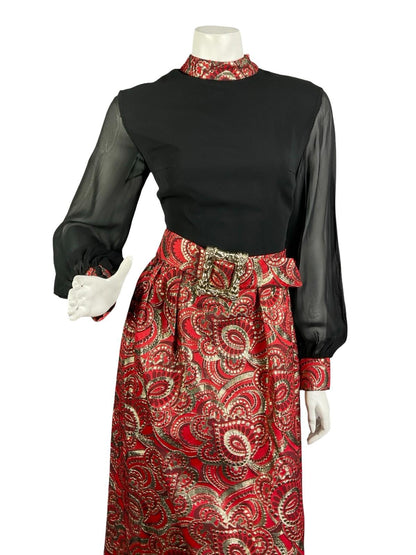 VTG 60S 70S BLACK RED GOLD PSYCHEDELIC MESH SLEEVE LUREX BUCKLE MAXI DRESS 8 10