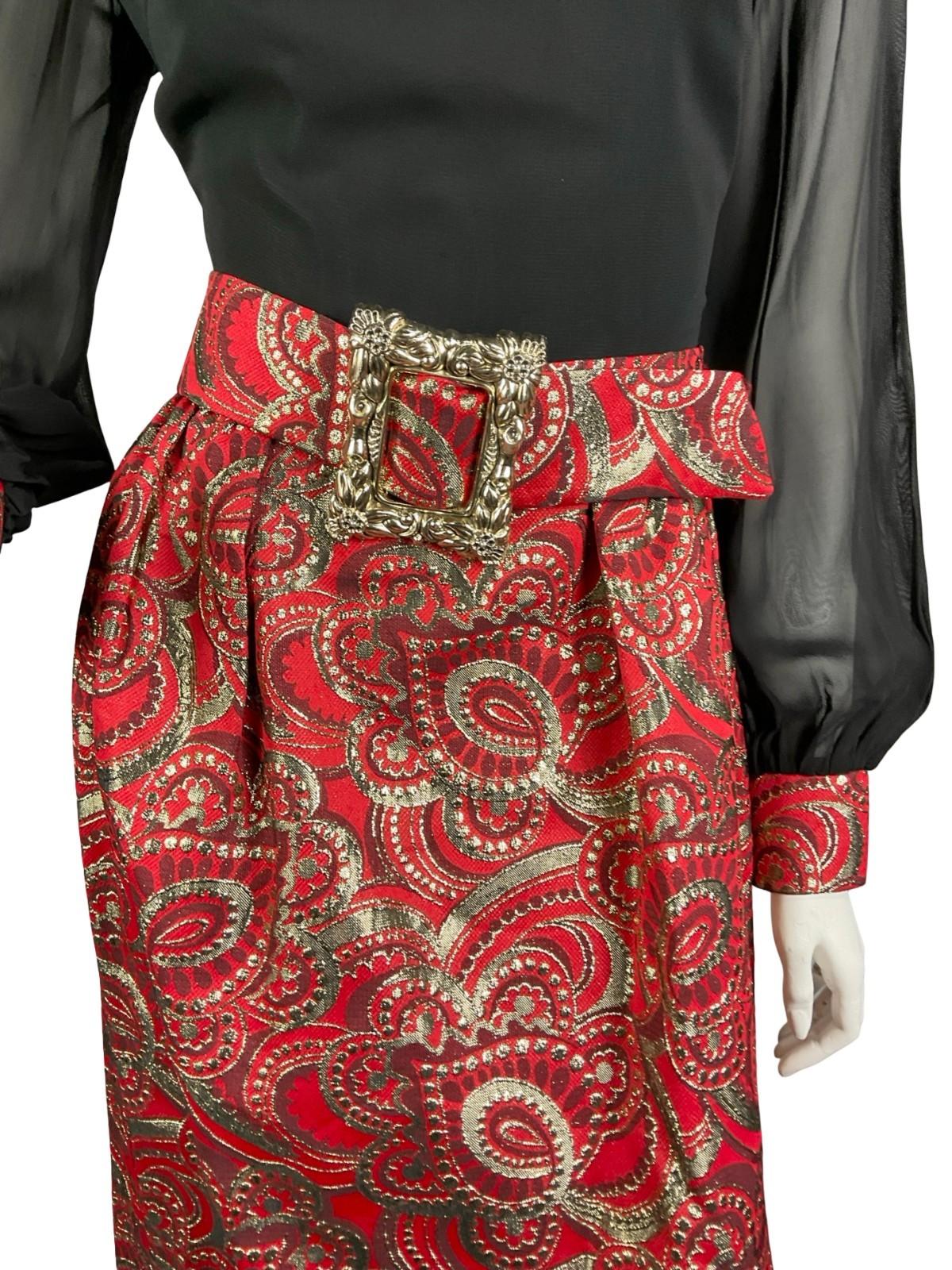 VTG 60S 70S BLACK RED GOLD PSYCHEDELIC MESH SLEEVE LUREX BUCKLE MAXI DRESS 8 10
