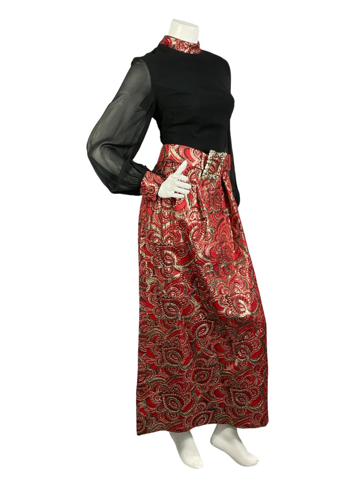 VTG 60S 70S BLACK RED GOLD PSYCHEDELIC MESH SLEEVE LUREX BUCKLE MAXI DRESS 8 10