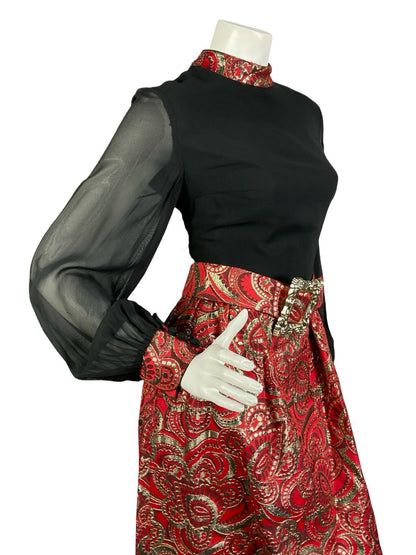 VTG 60S 70S BLACK RED GOLD PSYCHEDELIC MESH SLEEVE LUREX BUCKLE MAXI DRESS 8 10