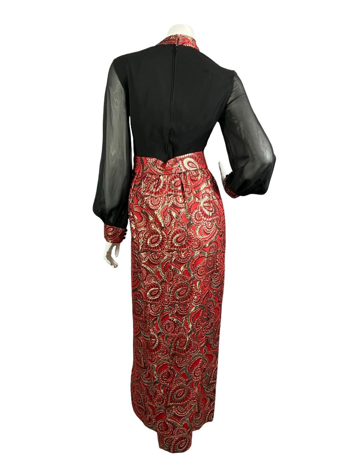 VTG 60S 70S BLACK RED GOLD PSYCHEDELIC MESH SLEEVE LUREX BUCKLE MAXI DRESS 8 10