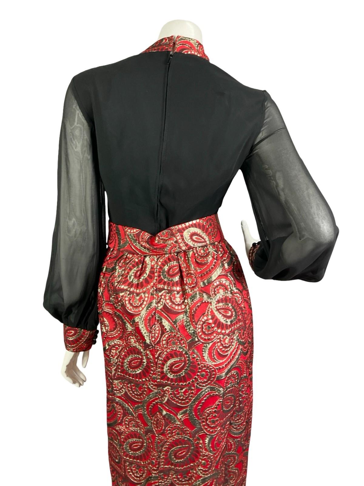 VTG 60S 70S BLACK RED GOLD PSYCHEDELIC MESH SLEEVE LUREX BUCKLE MAXI DRESS 8 10