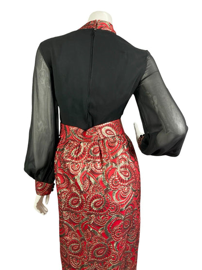 VTG 60S 70S BLACK RED GOLD PSYCHEDELIC MESH SLEEVE LUREX BUCKLE MAXI DRESS 8 10